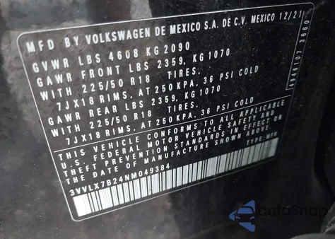 2022 Volkswagen Taos 1.5T Se from USA, damaged, VIN 3VVLX7B24NM049384